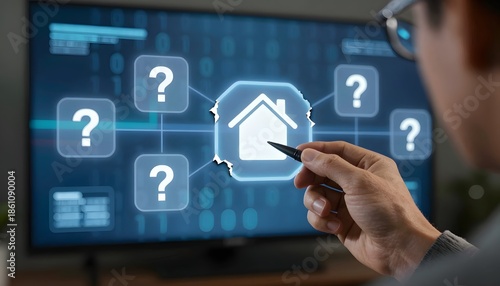 Wallpaper Mural Individual Analyzing Smart Home Technology Interface on Digital Display with Question Icons Torontodigital.ca