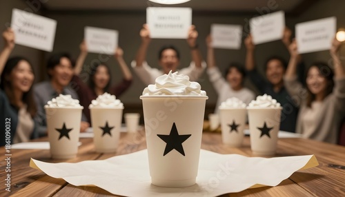 Wallpaper Mural Group of Friends Enjoying Coffee at Team Meeting Holding Signs with Motivational Messages Torontodigital.ca