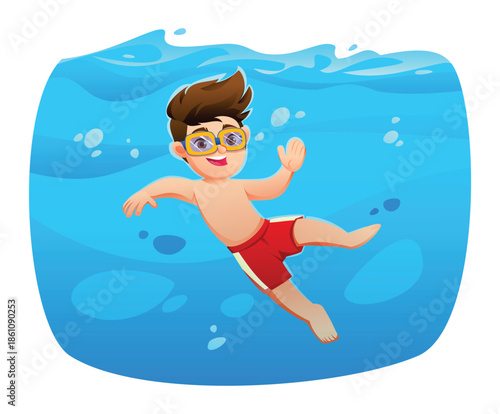 Little boy splashing happily while learning to swim in a bright blue pool. Vector cartoon character illustration