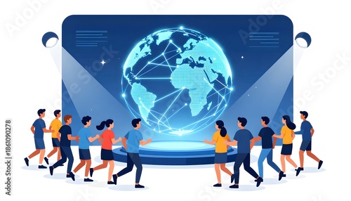 Wallpaper Mural Group of People Engaging with Global Network Visualization on a Bright Digital Stage Torontodigital.ca