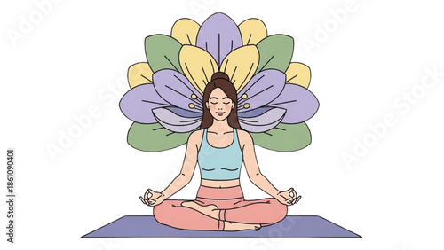 A serene woman meditates in lotus position on a yoga mat surrounded by a large, colorful flower