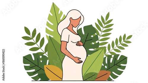 A serene pregnant woman surrounded by lush greenery in a peaceful environment