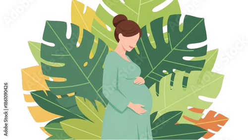 Expectant mother surrounded by lush greenery, gently cradling her belly in a serene natural setting