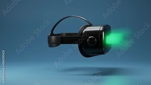 Futuristic virtual reality headset with glowing green lights, showcasing advanced technology in a sleek design