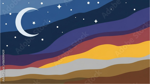 A serene night sky with a crescent moon shining over a layered landscape of varying colors and textures at dusk from a distant viewpoint