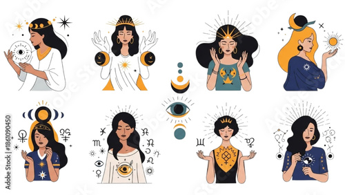 Illustrations of women from various cultures meditating surrounded by celestial elements and symbols