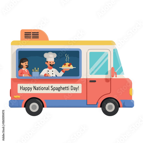 A colorful food truck with a chef serving spaghetti to a customer through the window, depicted in a digital illustration with vibrant tones. Perfect for advertising, restaurant promotions,