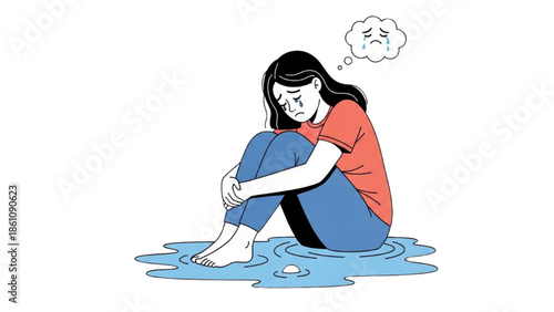 A young woman sitting in a puddle of water, lost in thought, surrounded by a blank white space, depicted in a simple illustration style