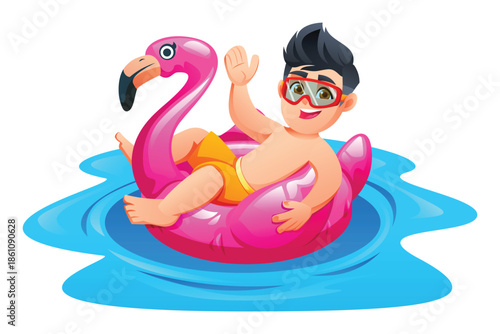 Happy boy with goggles floating on a pink flamingo inflatable ring in the pool. Vector cartoon character illustration