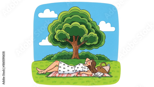 Woman relaxing under a tree on a sunny day outdoors in a park