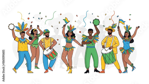 Vibrant group of people celebrating with colorful costumes and musical instruments in a lively festive atmosphere