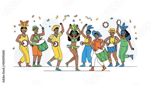 Vibrant Celebration of Diverse Women Dancing with Drums and Confetti in a Joyful Parade