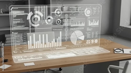 Futuristic workspace featuring a transparent holographic display with data analytics in a modern office