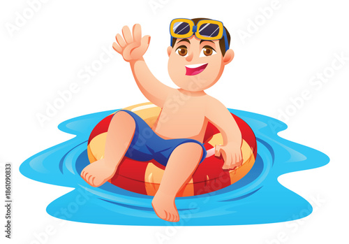 Young boy relaxing and waving on a red and yellow inflatable tube in the pool. Vector cartoon character illustration