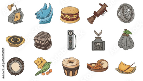 Assorted food and kitchen utensils displayed on a white background with various culinary delights