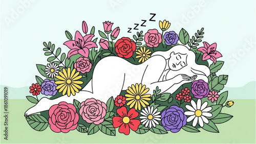 A serene white cat sleeps peacefully surrounded by vibrant flowers in a lush garden scene