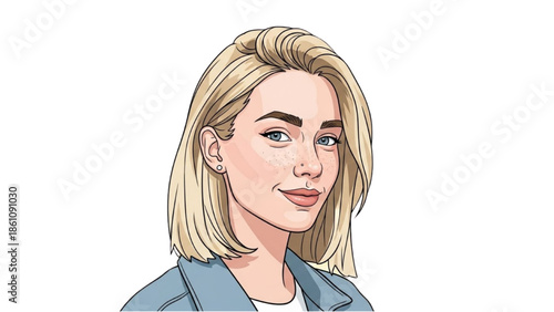 A young woman with blonde hair and blue jacket is portrayed in a simple illustration style.