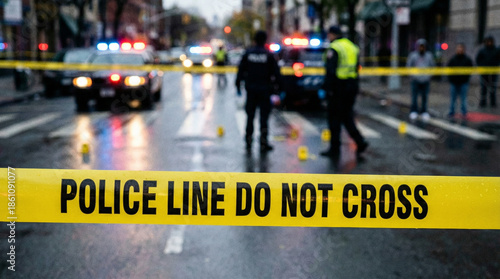 Wallpaper Mural Police tape in sharp focus at dusk crime scene with blurred response. Torontodigital.ca