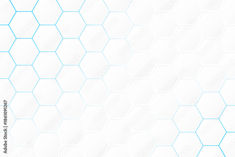 Naklejka premium abstract hexagonal pattern fading from bright blue to white with a clean and modern technological geometric honeycomb grid background overlay for digital art concepts