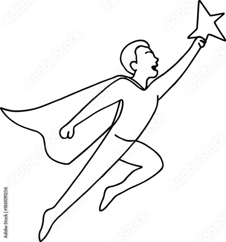 Man in Flying Pose Reaching for Star with Flowing Cape