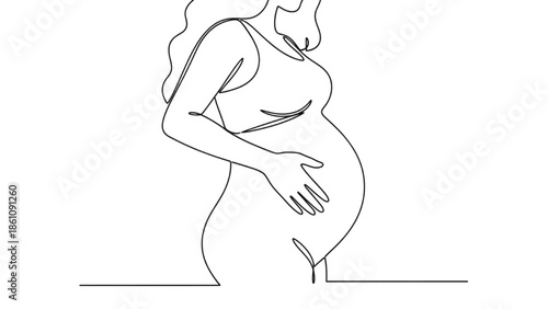 A pregnant woman gently cradling her belly in a simple line drawing