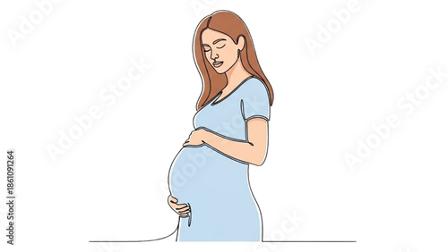 A pregnant woman standing alone with her hands on her belly