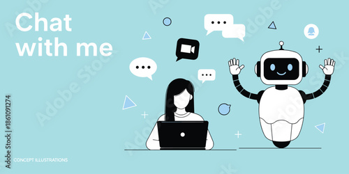 Chat with AI concept illustration, human-computer interaction design, virtual assistant communication scene,   flat vector illustration