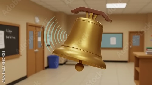 Golden school bell ringing in a classroom with a chalkboard and bookshelves in the background