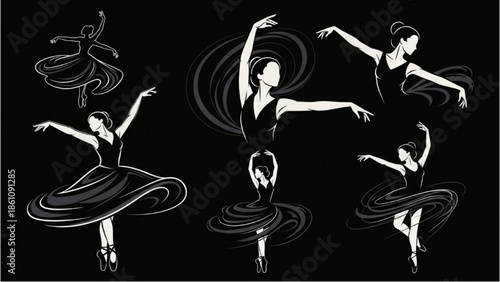 Dancers in various ballet poses illustrated in white on a black background
