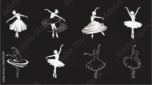 Ballet dancers in various poses illustrated against a dark background
