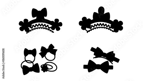 Collection of Minimalist Black and White Vector Silhouettes Featuring Various Feminine Hair Accessories and Bows