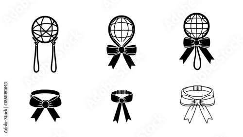 Minimalist Black and White Vector Icon Set Featuring Decorative Ribbons Bows and Global Award Emblems