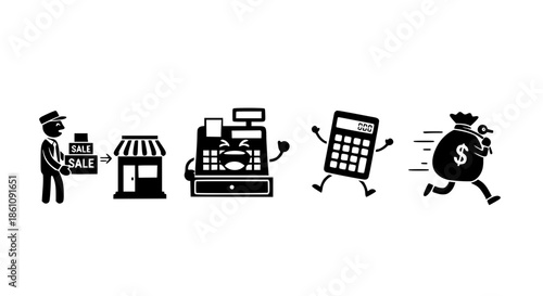 Retail Business Commerce Symbols Featuring Merchant Sale Shop Cash Register Calculator And Fast Money Bag Running