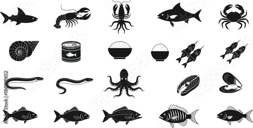 Seafood silhouette vector set featuring fish shellfish octopus caviar and marine food icons in black style