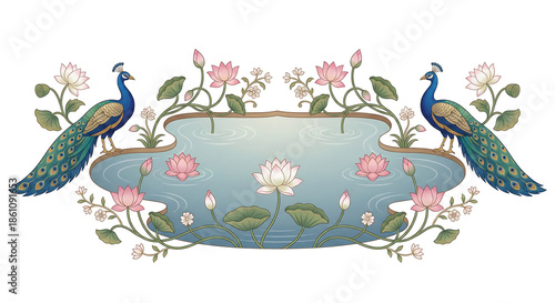 Title: Two peacocks standing by a pond with lotus flowers and pink blossoms in a symmetrical and isolated on a transparent background