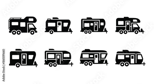 A collection of various recreational vehicle designs shown in a dark flat silhouette