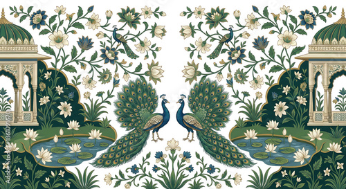 Title: Two peacocks standing by a pond surrounded by lotus flowers and lush greenery with isolated on a transparent background