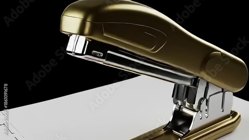 Golden stapler resting on a white sheet of paper, with a sleek black background emphasizing its design