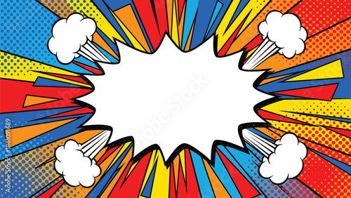 Comic-style explosion burst graphic, vibrant pop art starburst with halftone rays and cloud puffs, flat vector illustration design