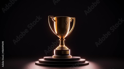 Golden trophy on a pedestal illuminated by soft lights against a dark background, symbolizing achievement