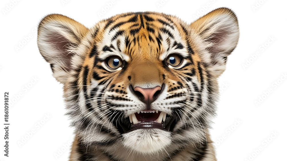 Fototapeta premium Cute baby Bengal tiger cub portrait looking at camera isolated on white background.