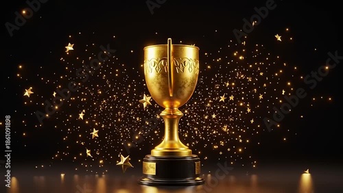 Golden trophy surrounded by sparkling stars on a dark background, symbolizing achievement and celebration