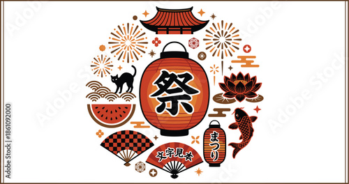 Japanese festival icon collage with lantern, fireworks, koi fish, noodles, fans, and cultural symbols, flat vector illustration