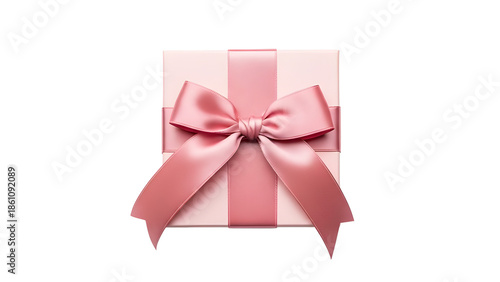 Top view of pink gift box with satin bow isolated on white background