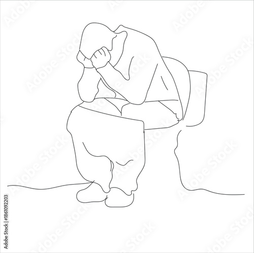 Man sitting in the toilet bowl in the bathroom,  line art