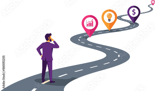 Strategic success roadmap illustration, personal growth journey, milestone icons with goals, business planning concept art, flat vector illustration