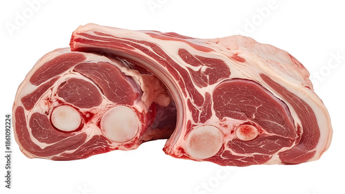 Two raw lamb shanks isolated on white background, ready for cooking and butchery use.