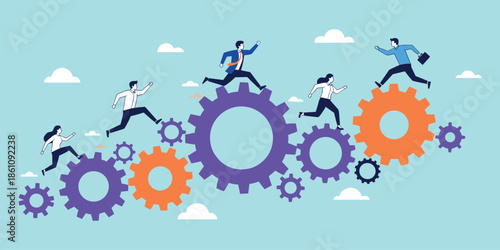 Teamwork on gears concept, businesspeople running across mechanism, productivity and collaboration illustration, corporate motion design, flat vector illustration