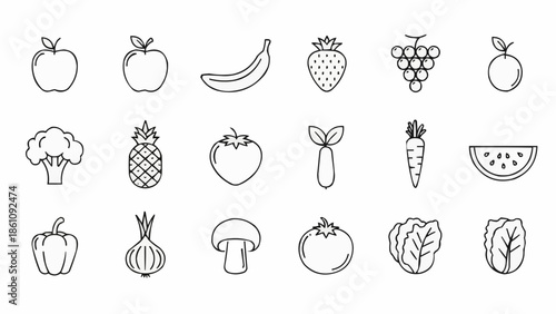 Collection of fresh fruits and vegetables line art icons.