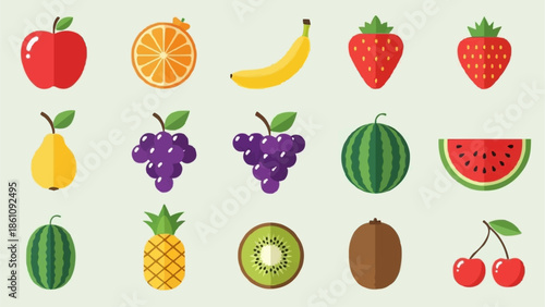 Collection of Fresh Fruits in Flat Design Style.